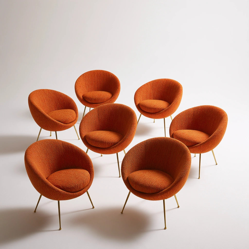 Set aus sechs modernen Stühlen, mit klarer Formgebung, Farbe: orange