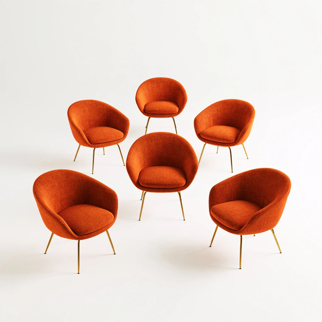 Set aus sechs modernen Stühlen, mit klarer Formgebung, Farbe: orange