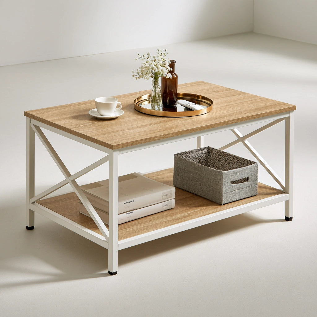 Couchtisch mit zwei Ebenen, aus Holz, mit zwei Ebenen, Farbe: hellbraun