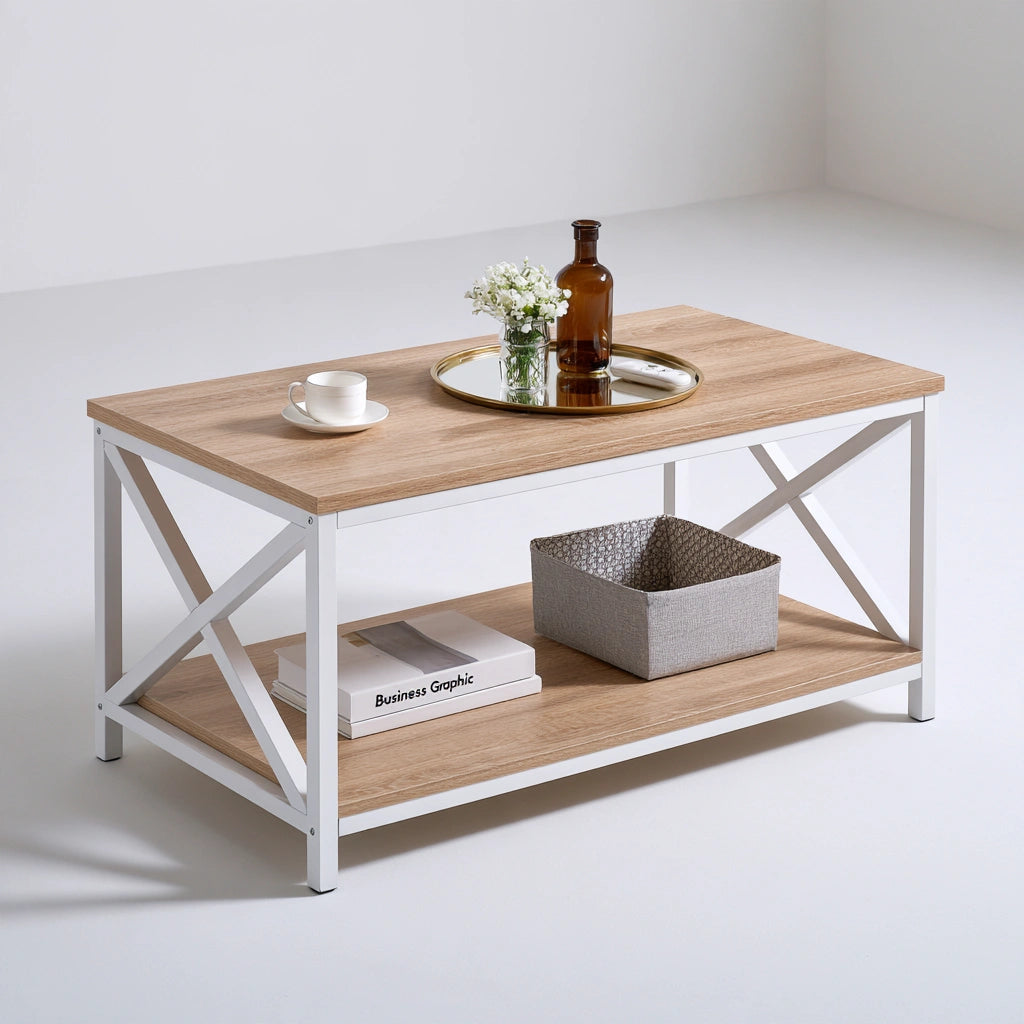 Couchtisch mit zwei Ebenen, aus Holz, mit zwei Ebenen, Farbe: hellbraun